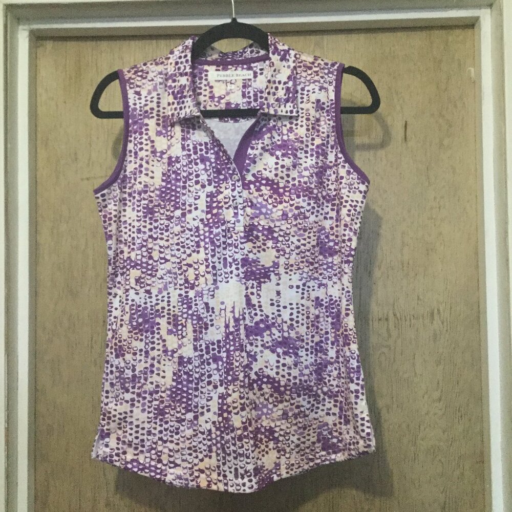 Pebble Beach purple  and white with some peach top size medium collared